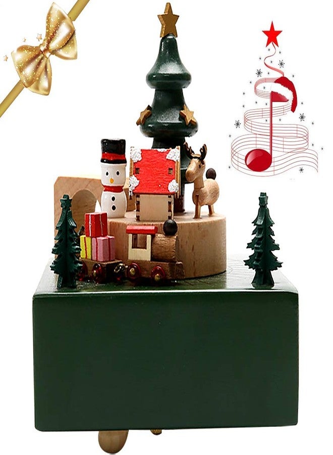 MENGDUO Music Box, Snowman Elk Wooden Rotation Crafts Music Box, Mini Train Rotates with Music, Exclusive Toy Gifts for Christmas (Green) - Image 1